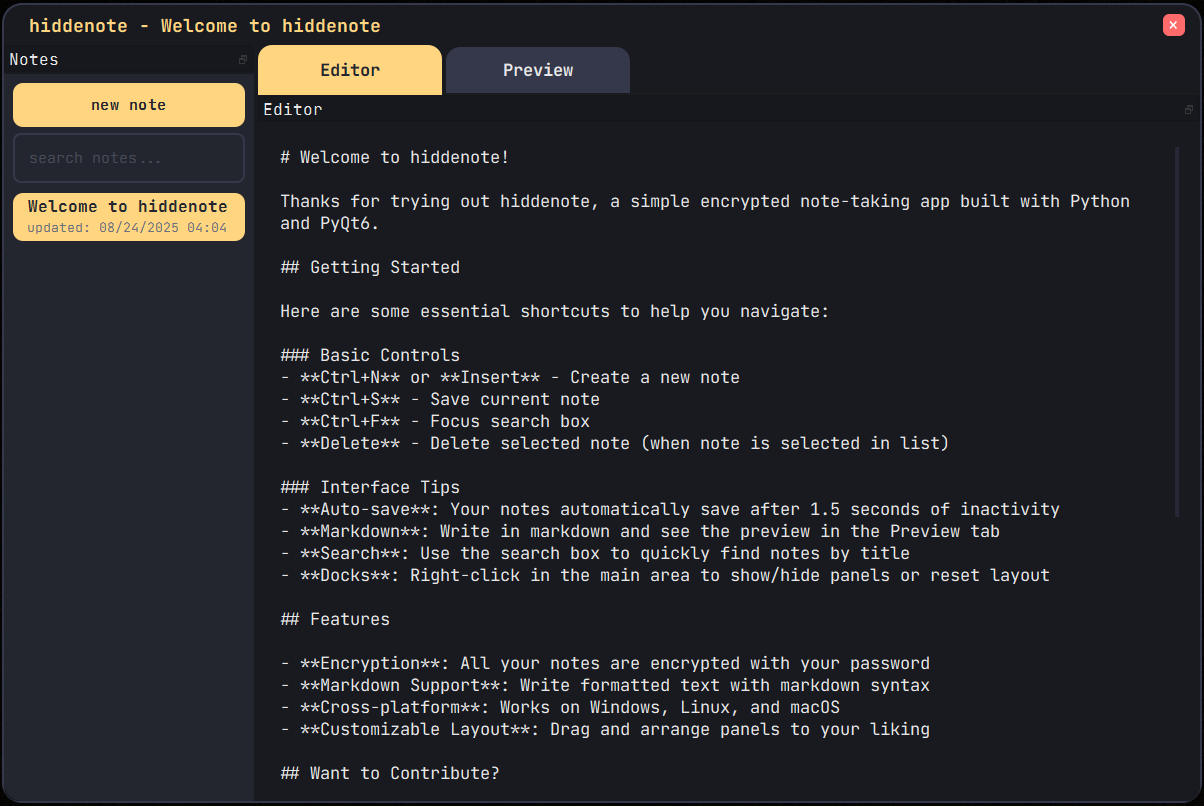 Hiddenote focused editor view