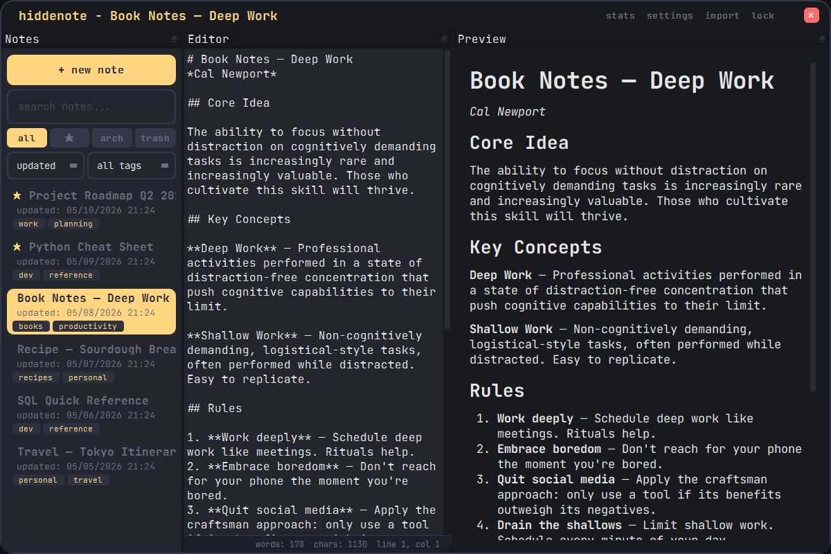 Hiddenote notes, editor, and live preview